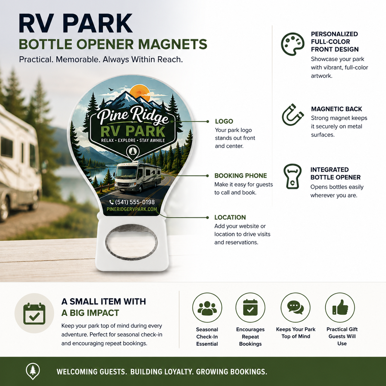 RV Park Bottle Opener Magnets – product features infographic