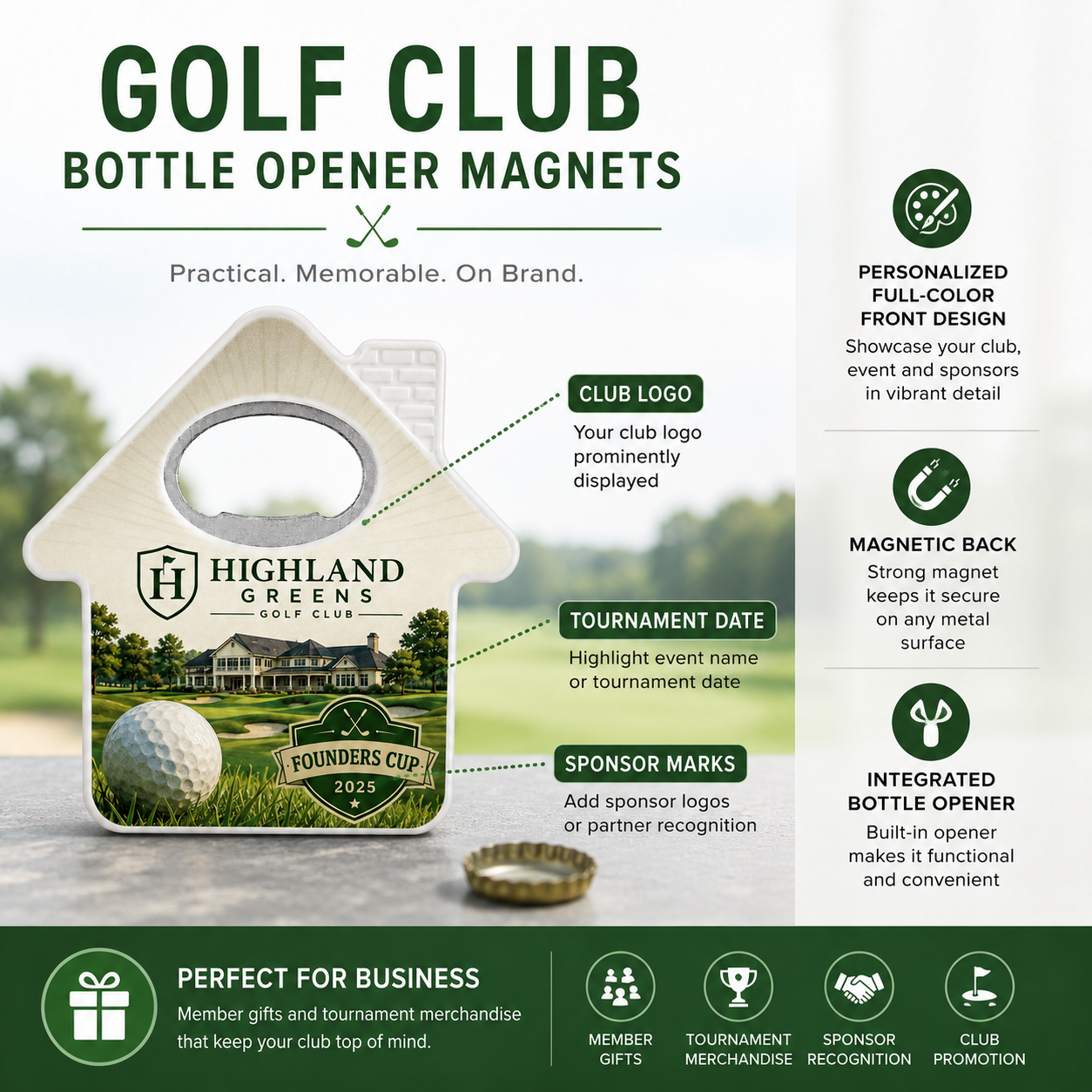 Golf Club Bottle Opener Magnets – product features infographic