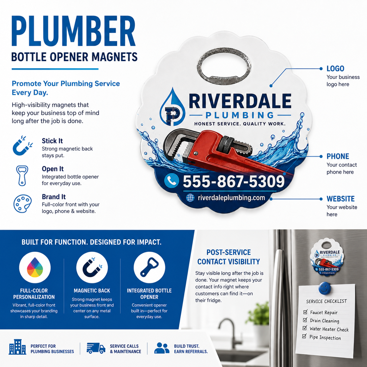 Plumber Bottle Opener Magnets – product features infographic