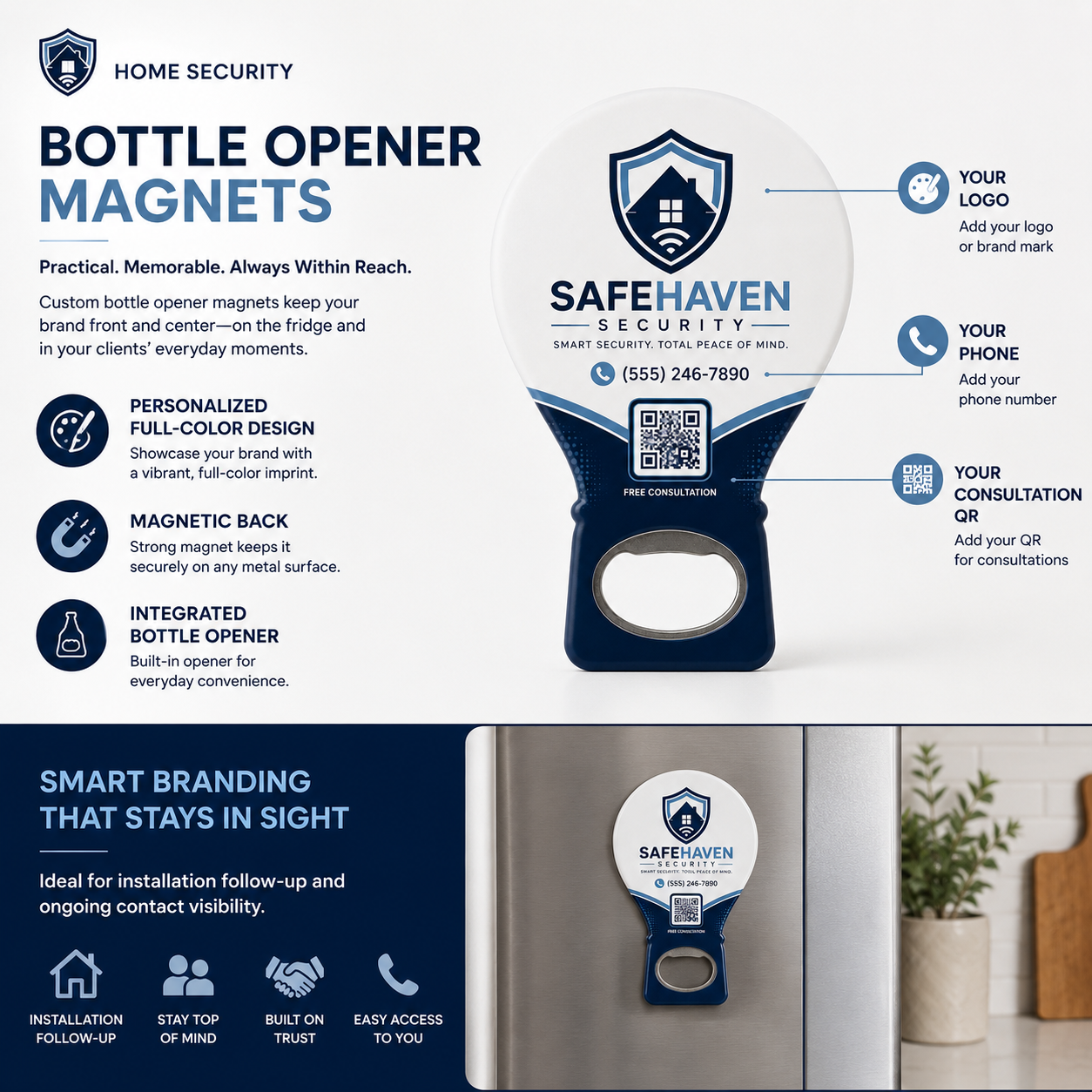 Home Security Bottle Opener Magnets – product features infographic