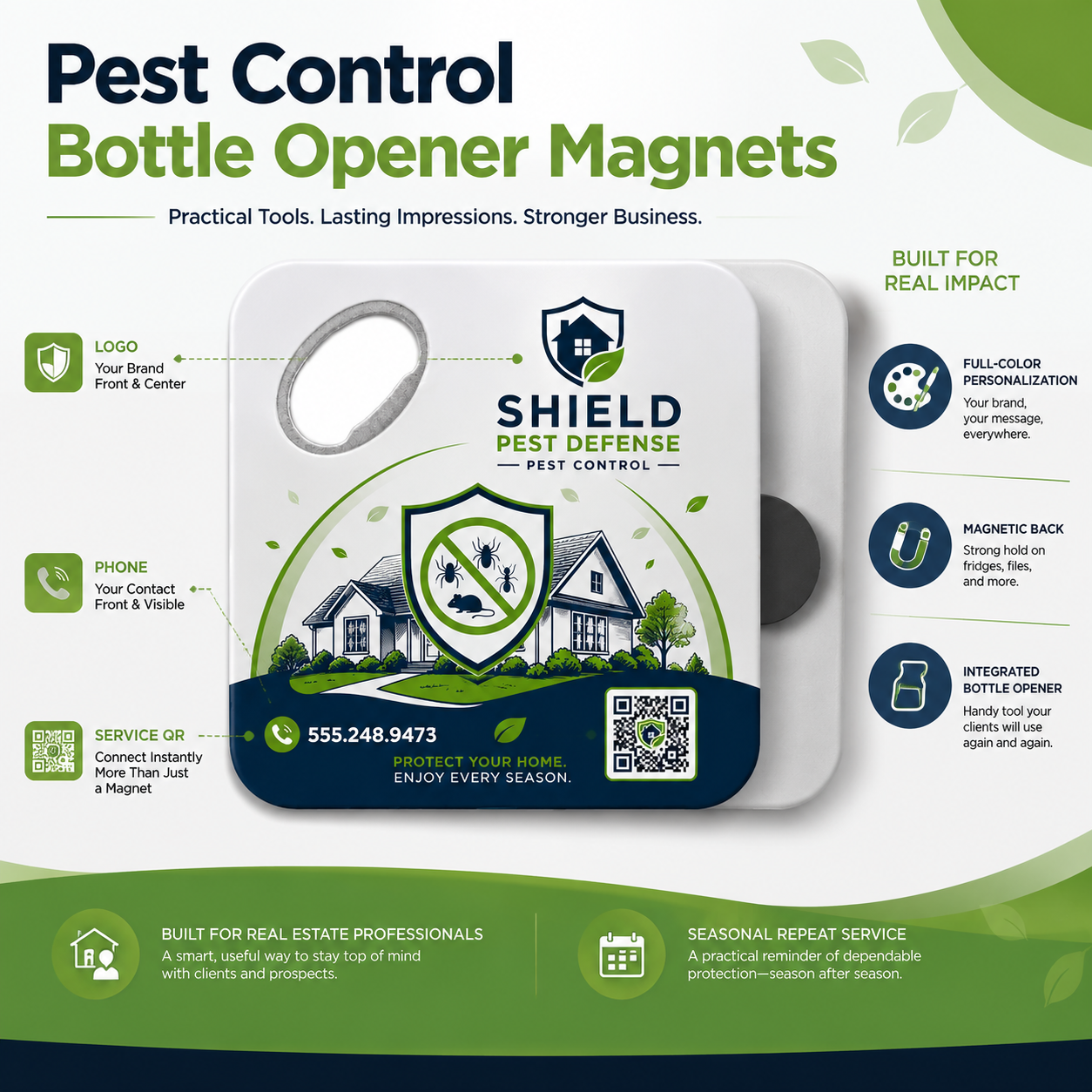 Pest Control Bottle Opener Magnets – product features infographic