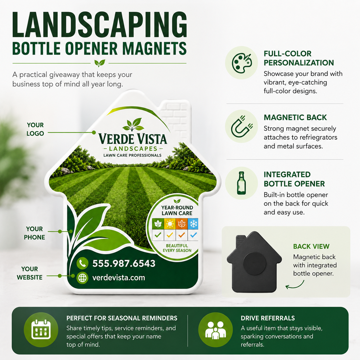 Landscaping Bottle Opener Magnets – product features infographic