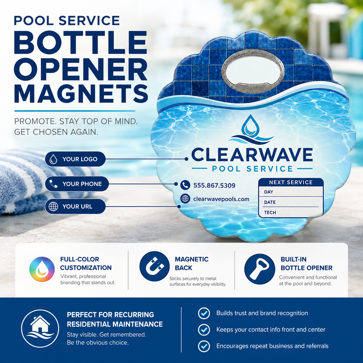 Pool Service Bottle Opener Magnets – product features infographic