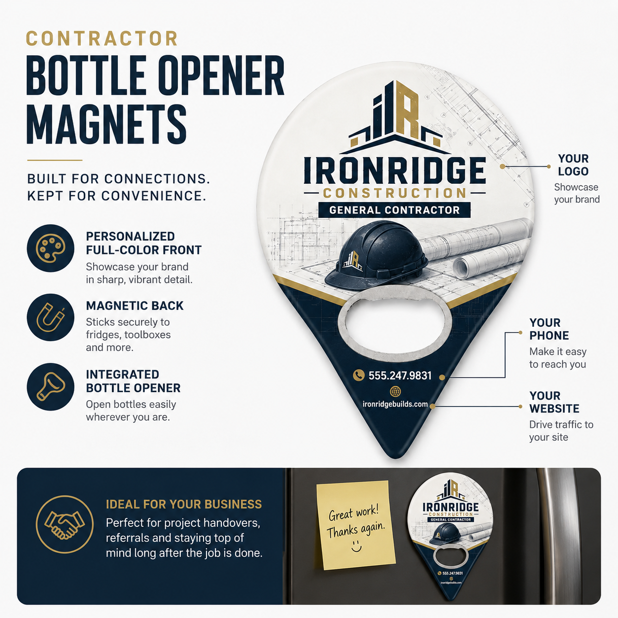 Contractor Bottle Opener Magnets – product features infographic