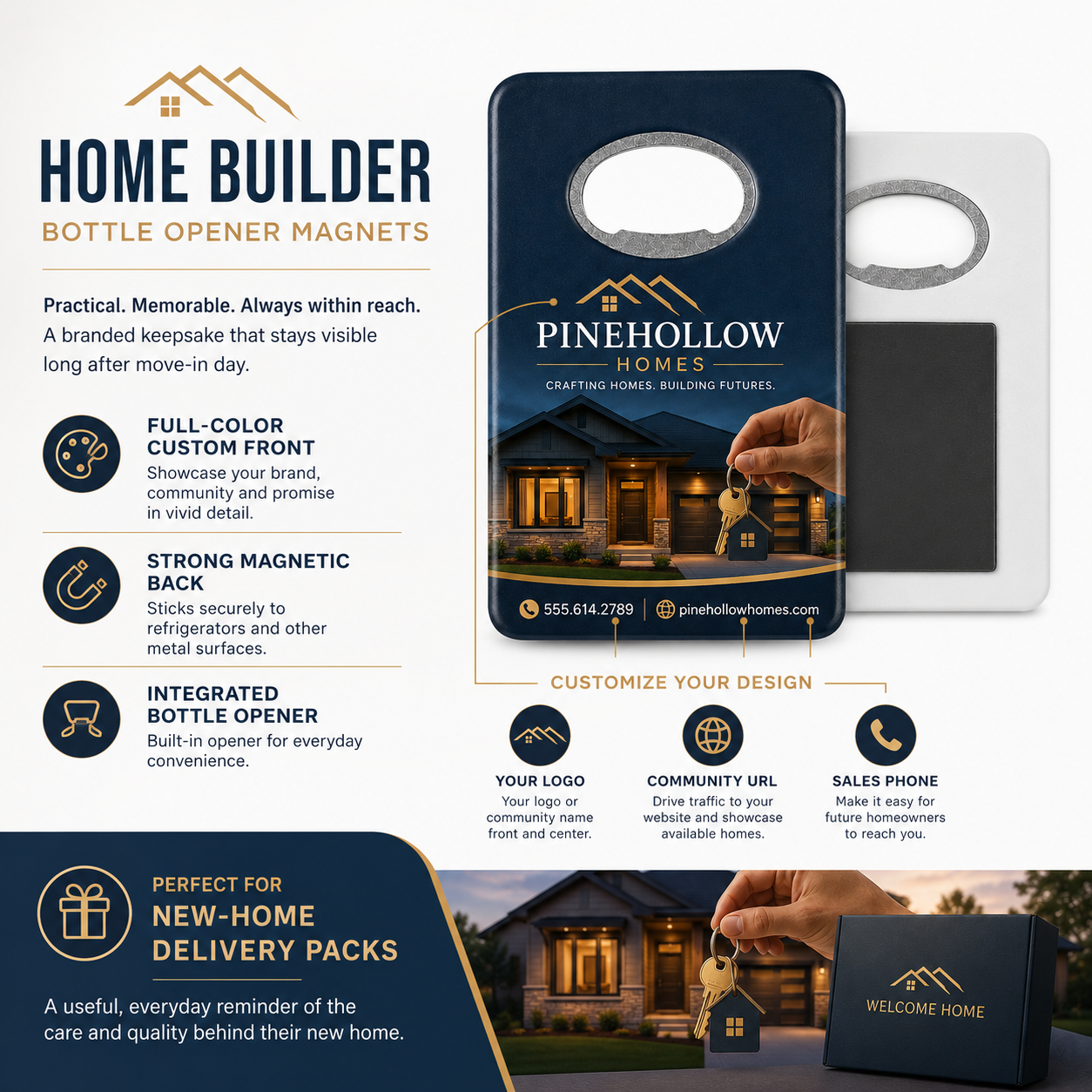 Home Builder Bottle Opener Magnets – product features infographic