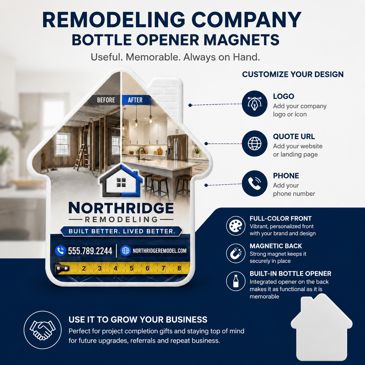 Remodeling Company Bottle Opener Magnets – product features infographic