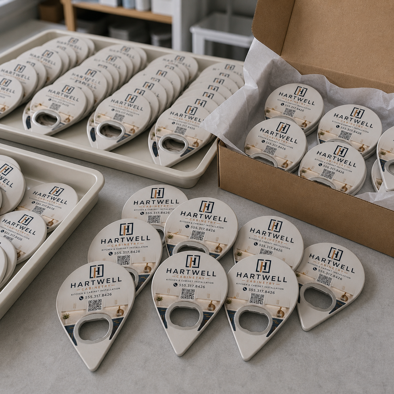 Kitchen Contractor Bottle Opener Magnets – bulk order presentation