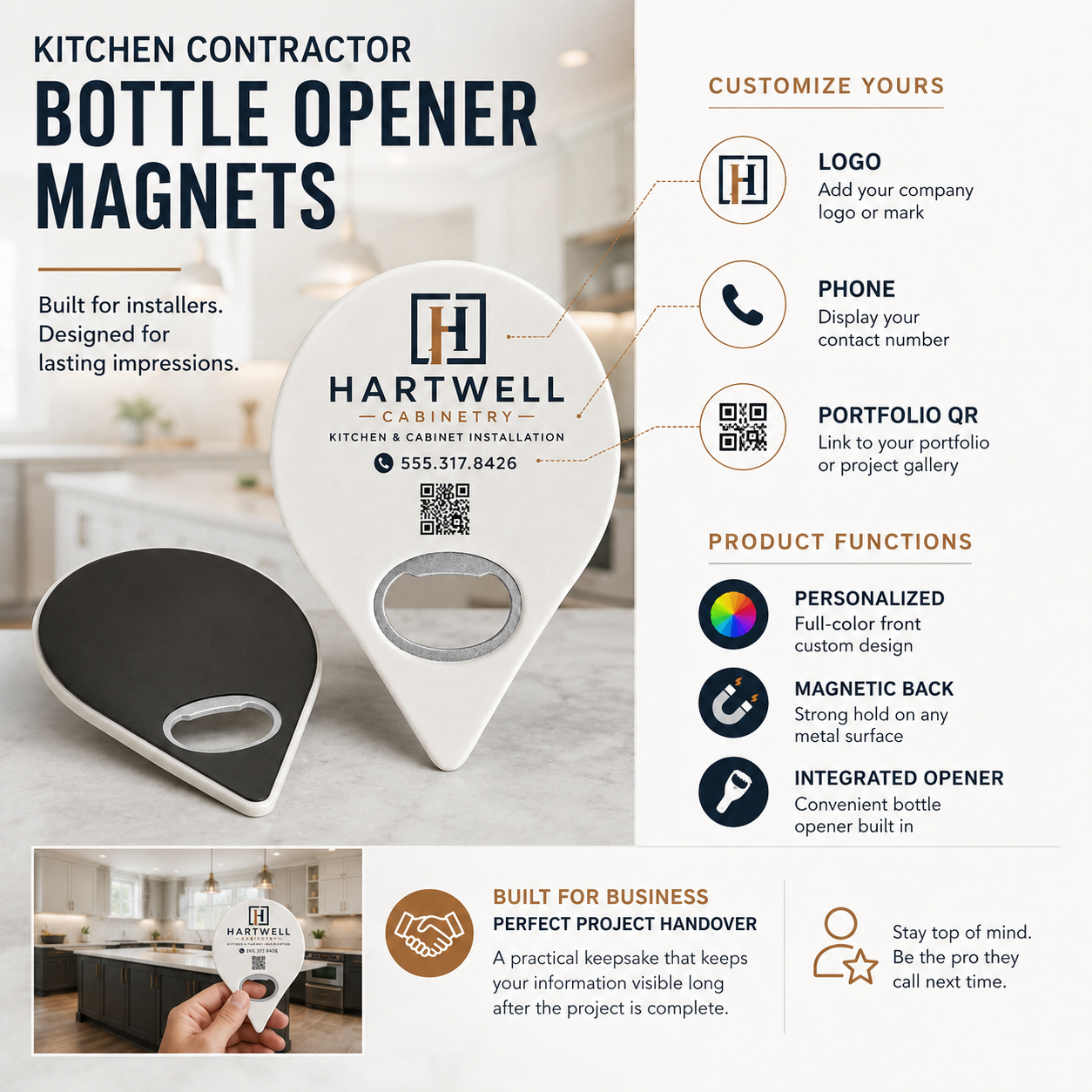 Kitchen Contractor Bottle Opener Magnets – product features infographic
