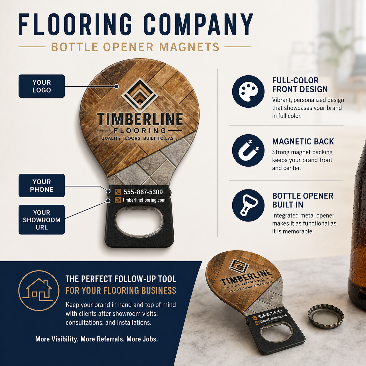 Flooring Company Bottle Opener Magnets – product features infographic