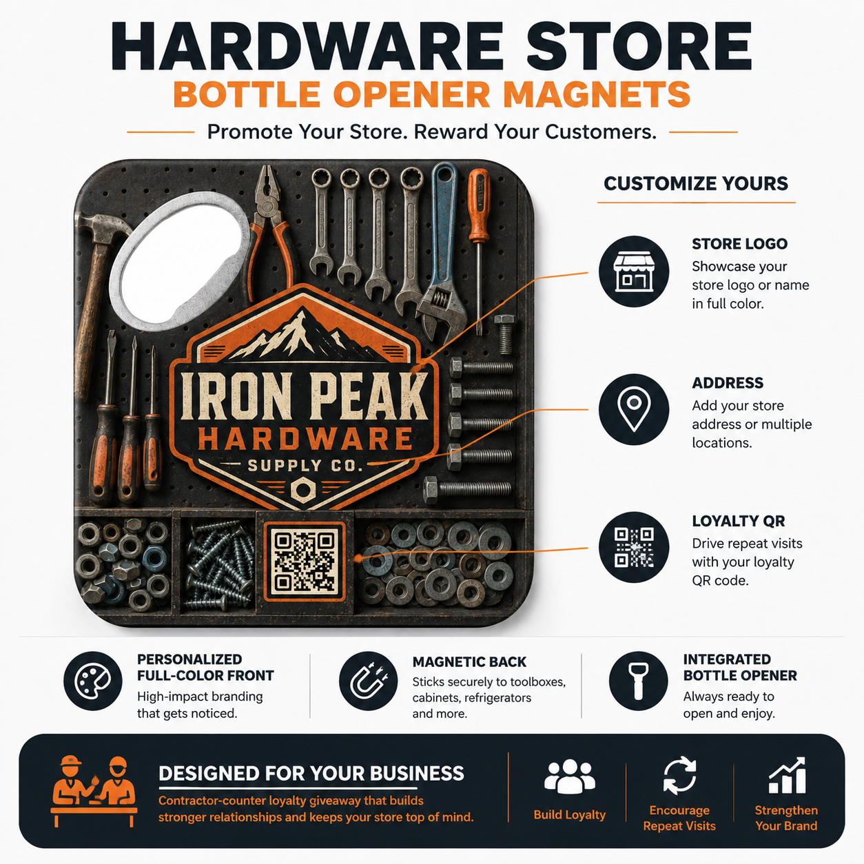 Hardware Store Bottle Opener Magnets – product features infographic