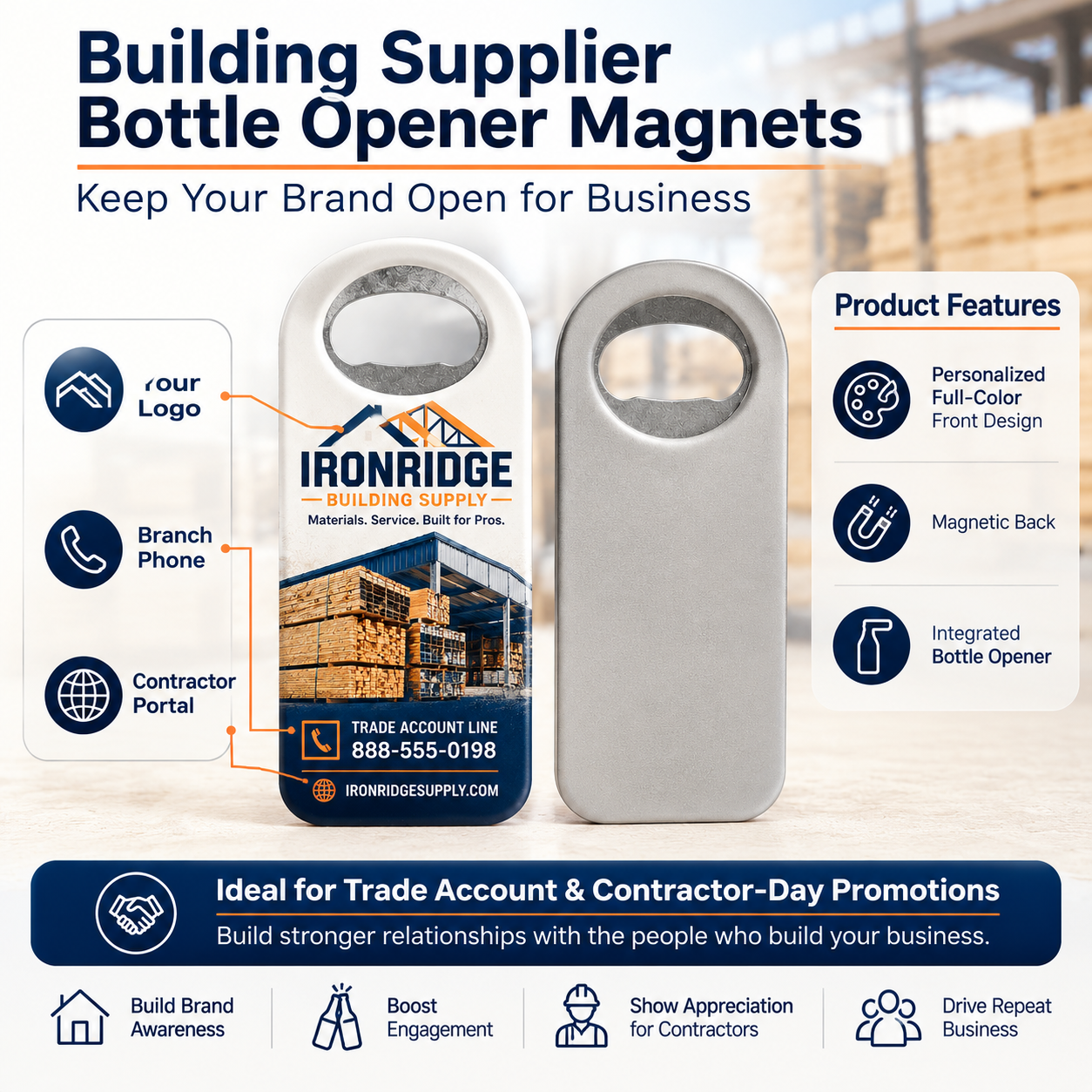 Building Supplier Bottle Opener Magnets – product features infographic