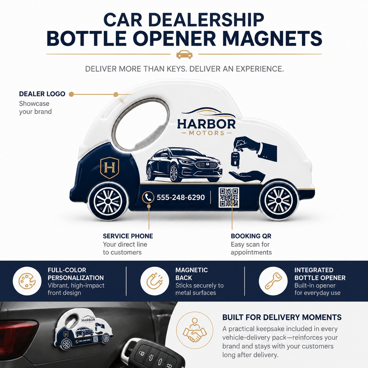 Car Dealership Bottle Opener Magnets – product features infographic