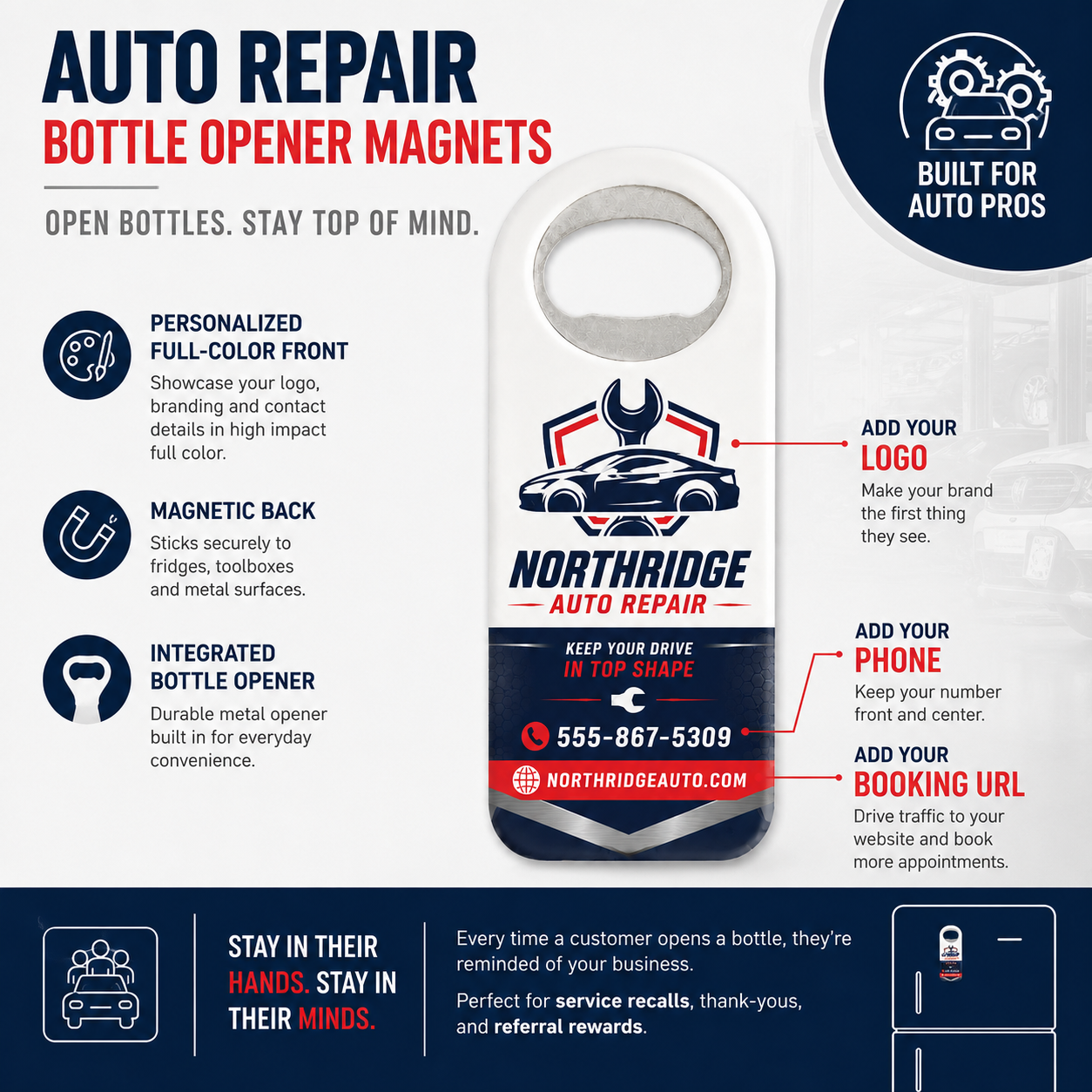 Auto Repair Bottle Opener Magnets – product features infographic