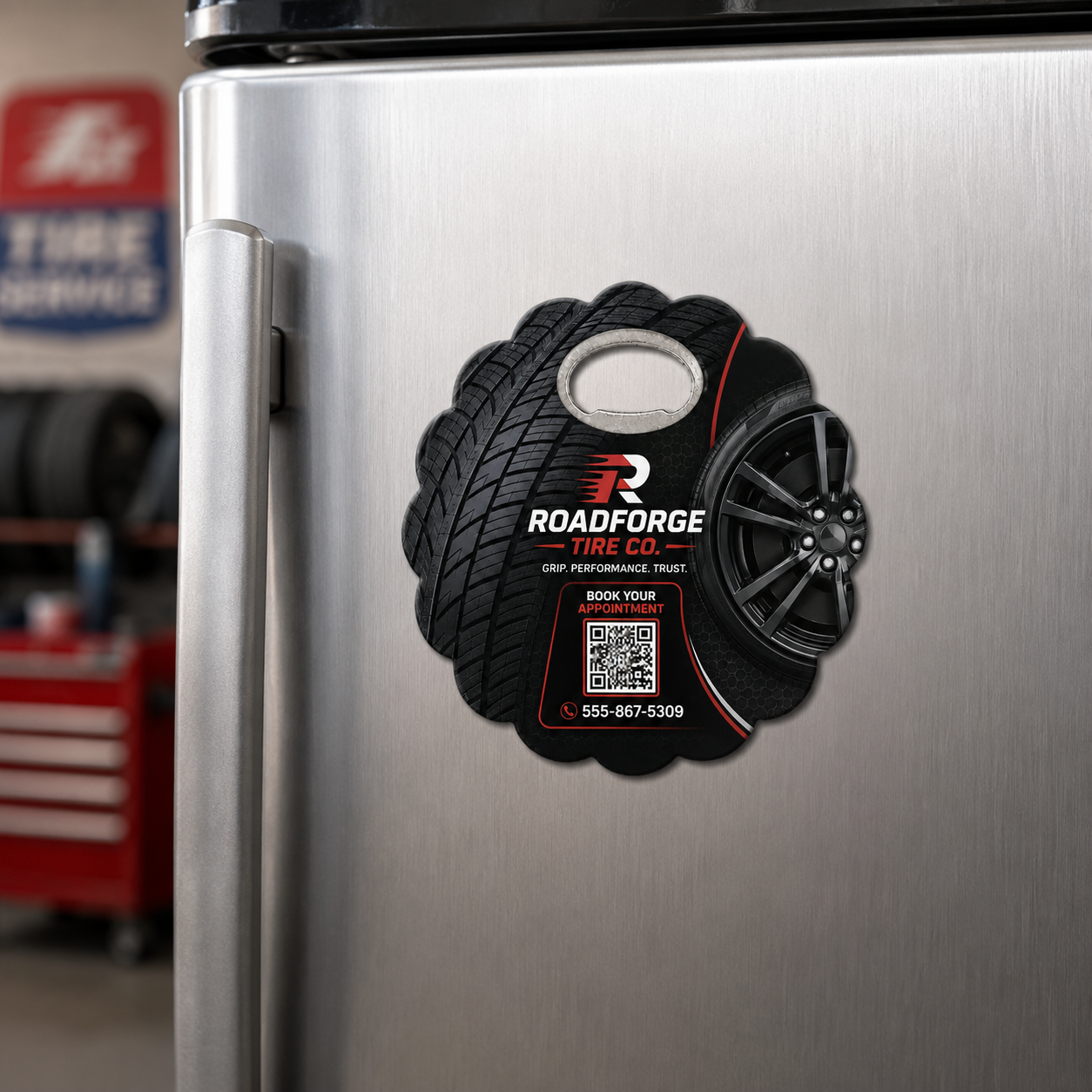 Tire Shop Bottle Opener Magnets – magnetic use on a metal surface