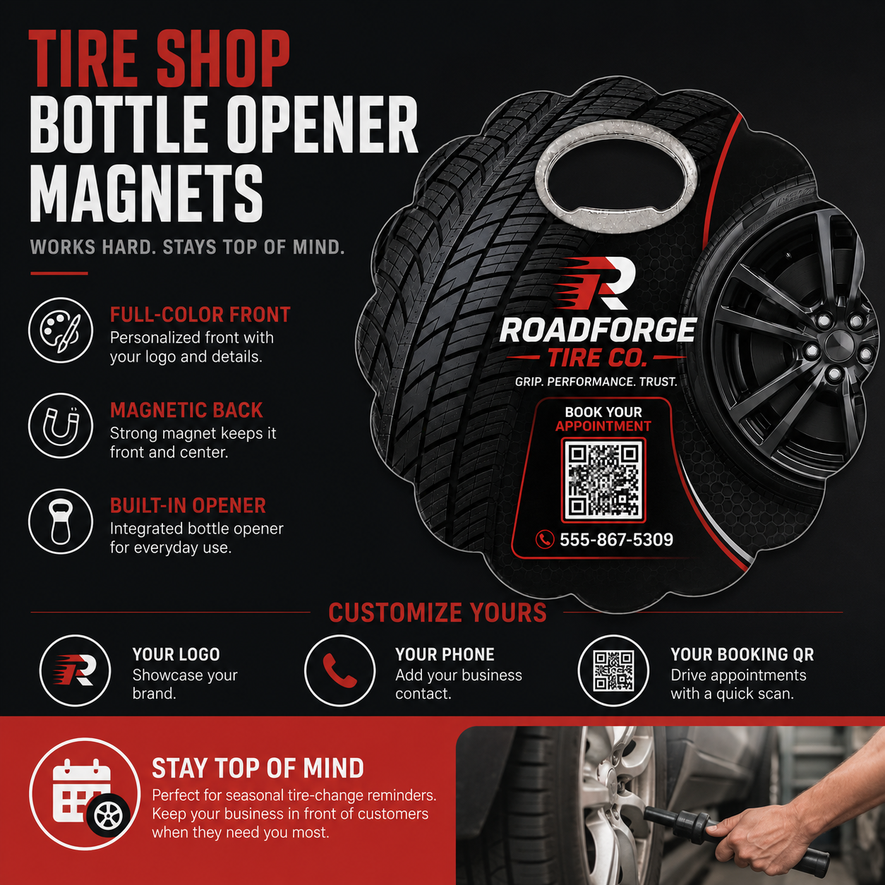 Tire Shop Bottle Opener Magnets – product features infographic