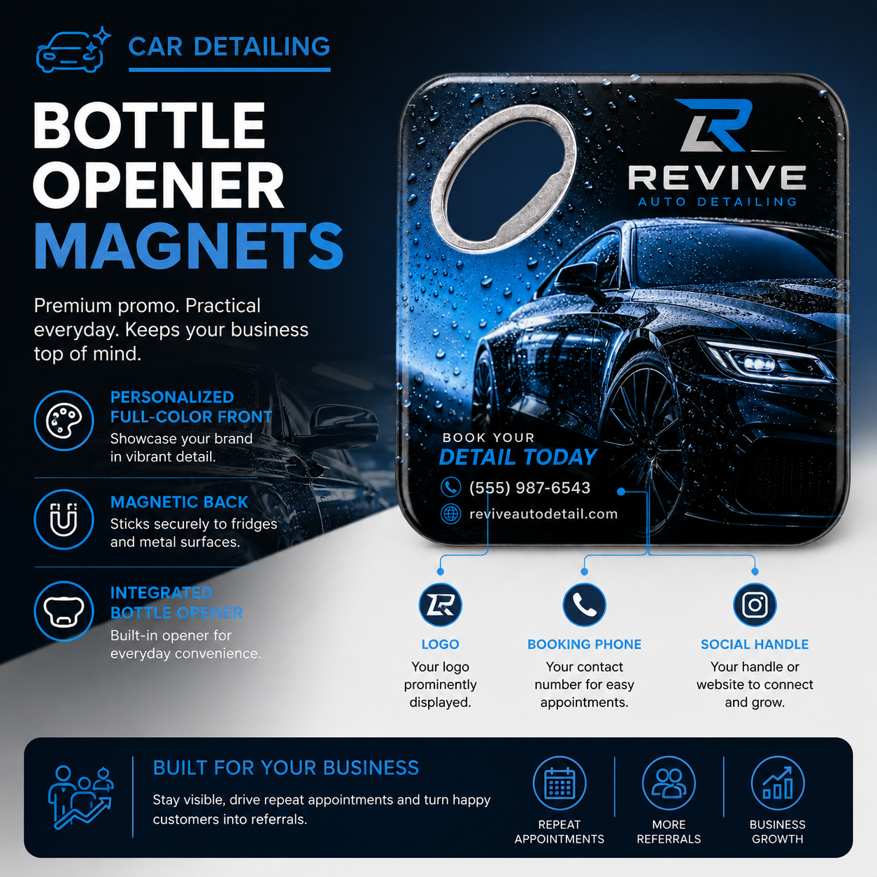 Car Detailing Bottle Opener Magnets – product features infographic