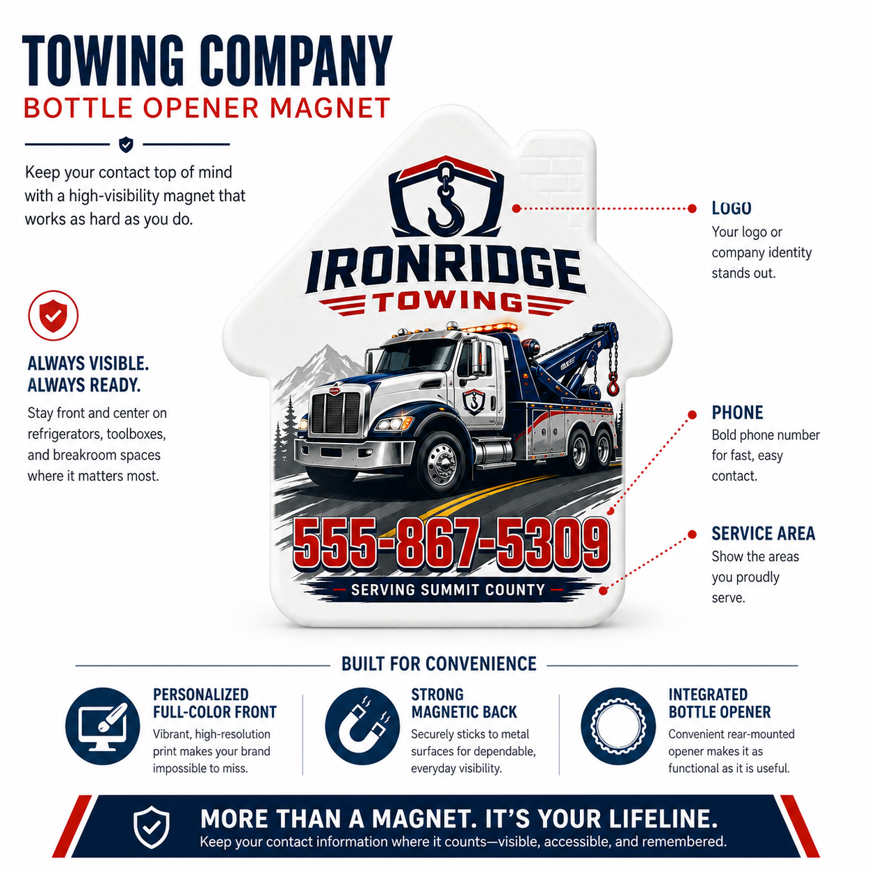 Towing Company Bottle Opener Magnets – product features infographic