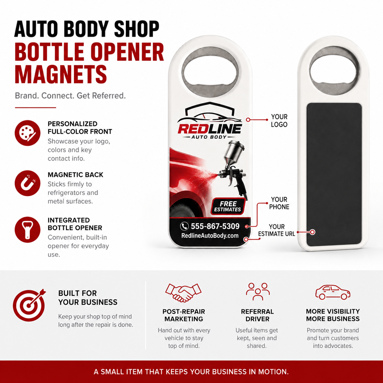 Auto Body Shop Bottle Opener Magnets – product features infographic