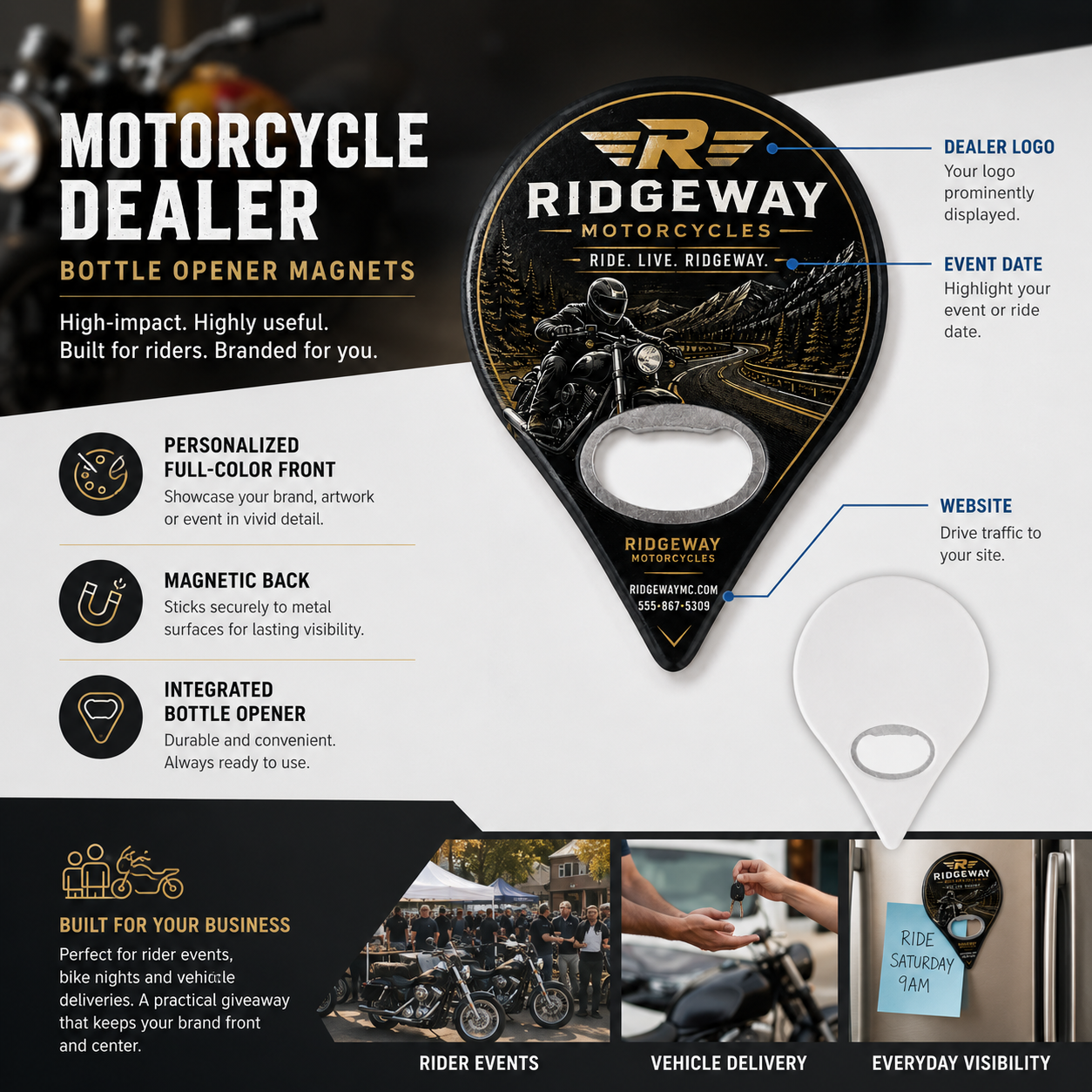 Motorcycle Dealer Bottle Opener Magnets – product features infographic