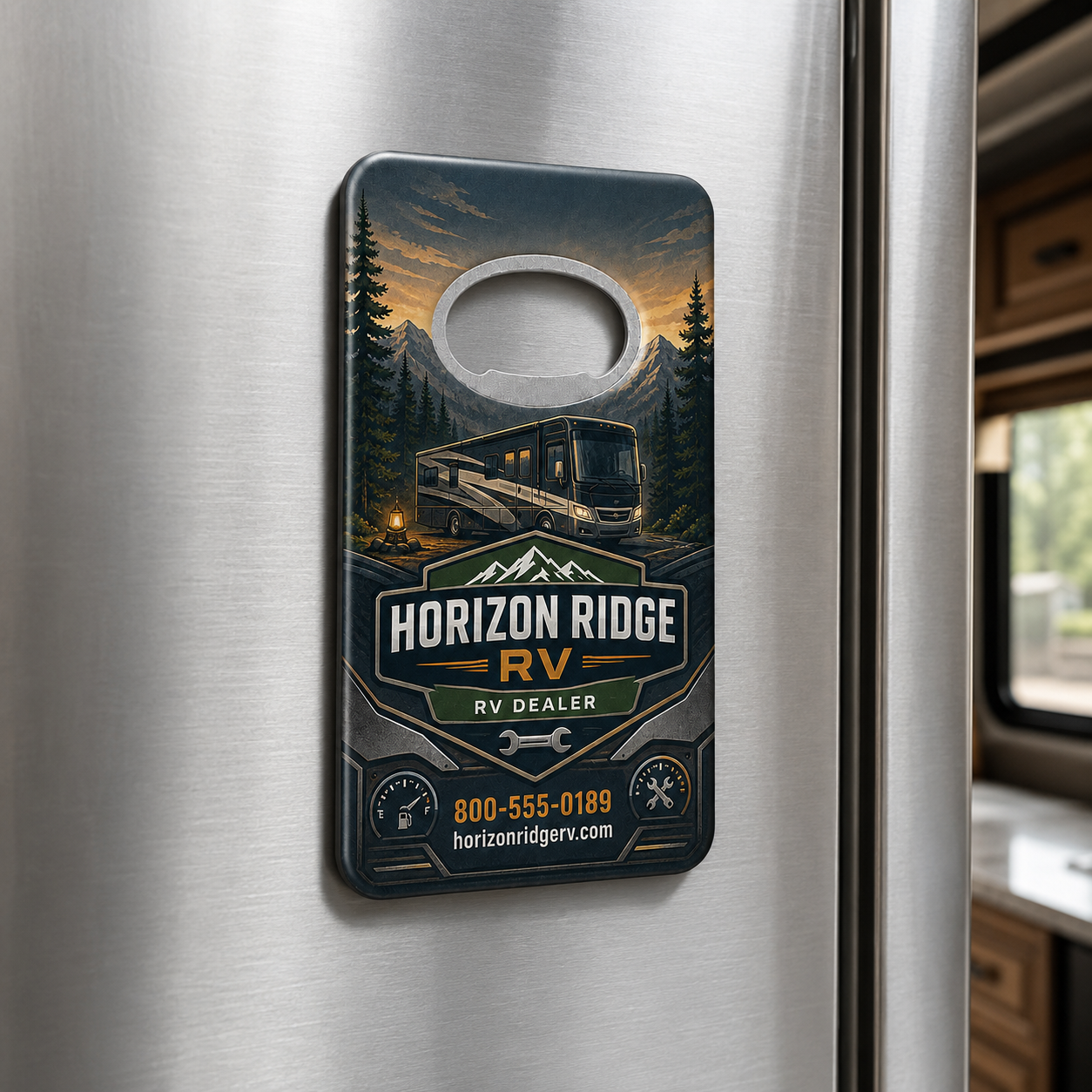 RV Dealer Bottle Opener Magnets – magnetic use on a metal surface