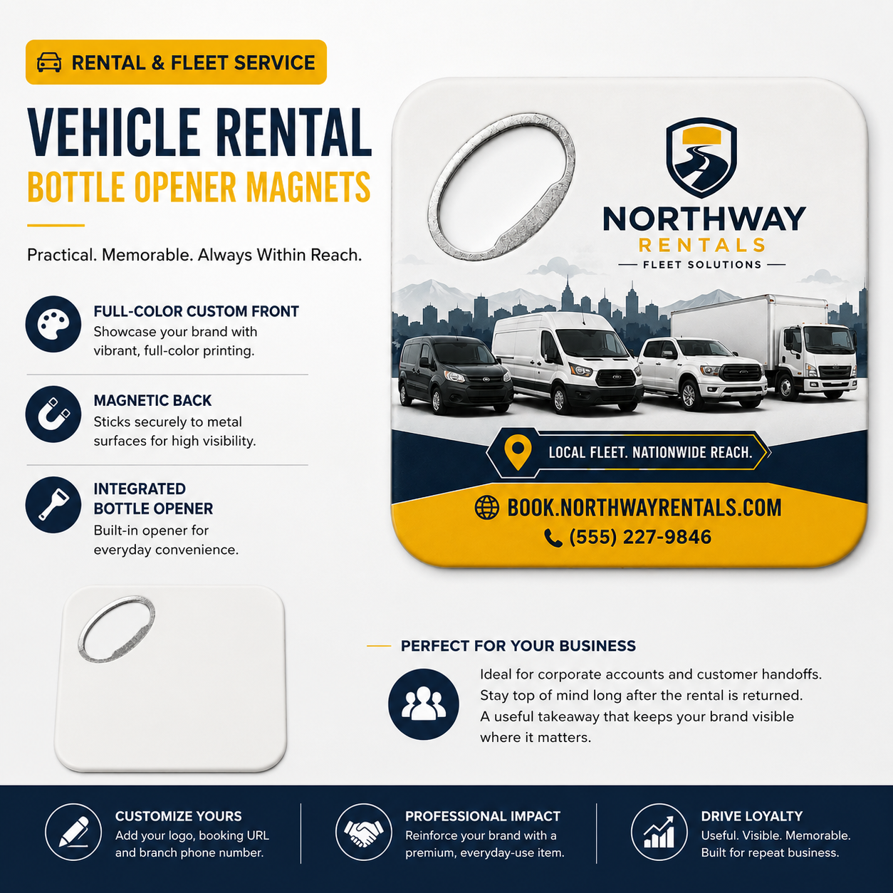 Vehicle Rental Bottle Opener Magnets – product features infographic