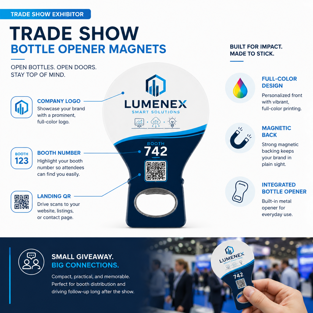 Trade Show Bottle Opener Magnets – product features infographic