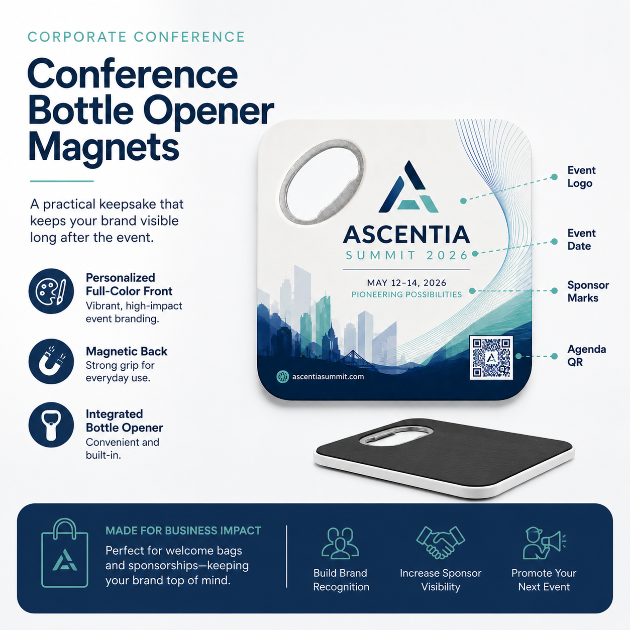 Conference Bottle Opener Magnets – product features infographic