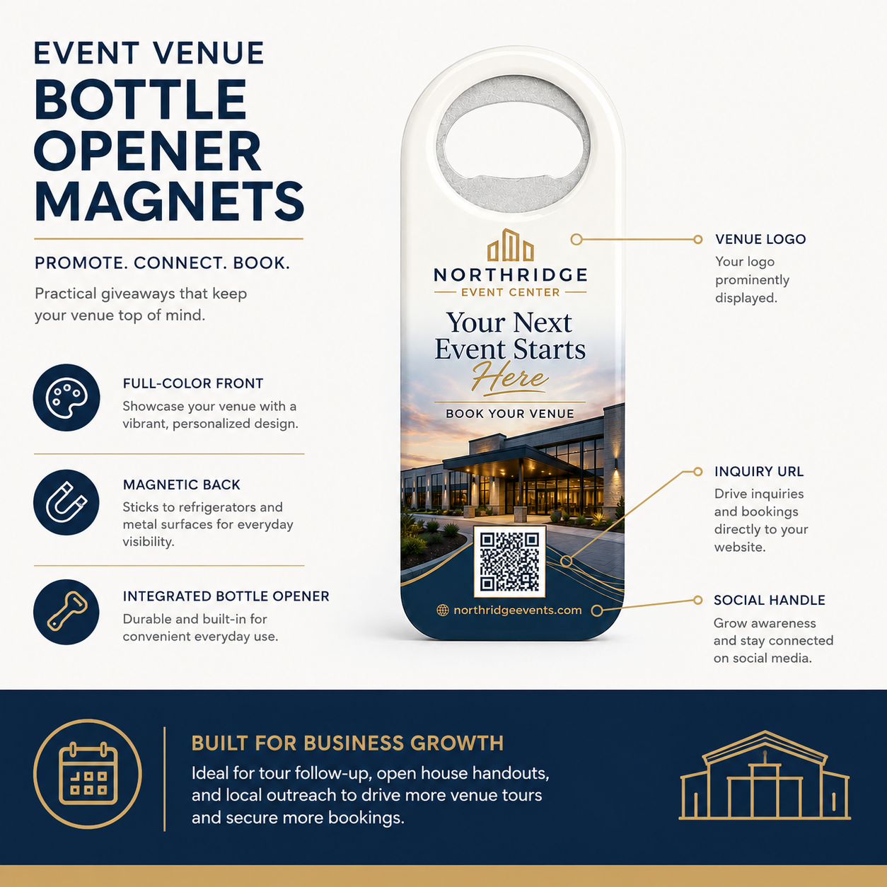 Event Venue Bottle Opener Magnets – product features infographic