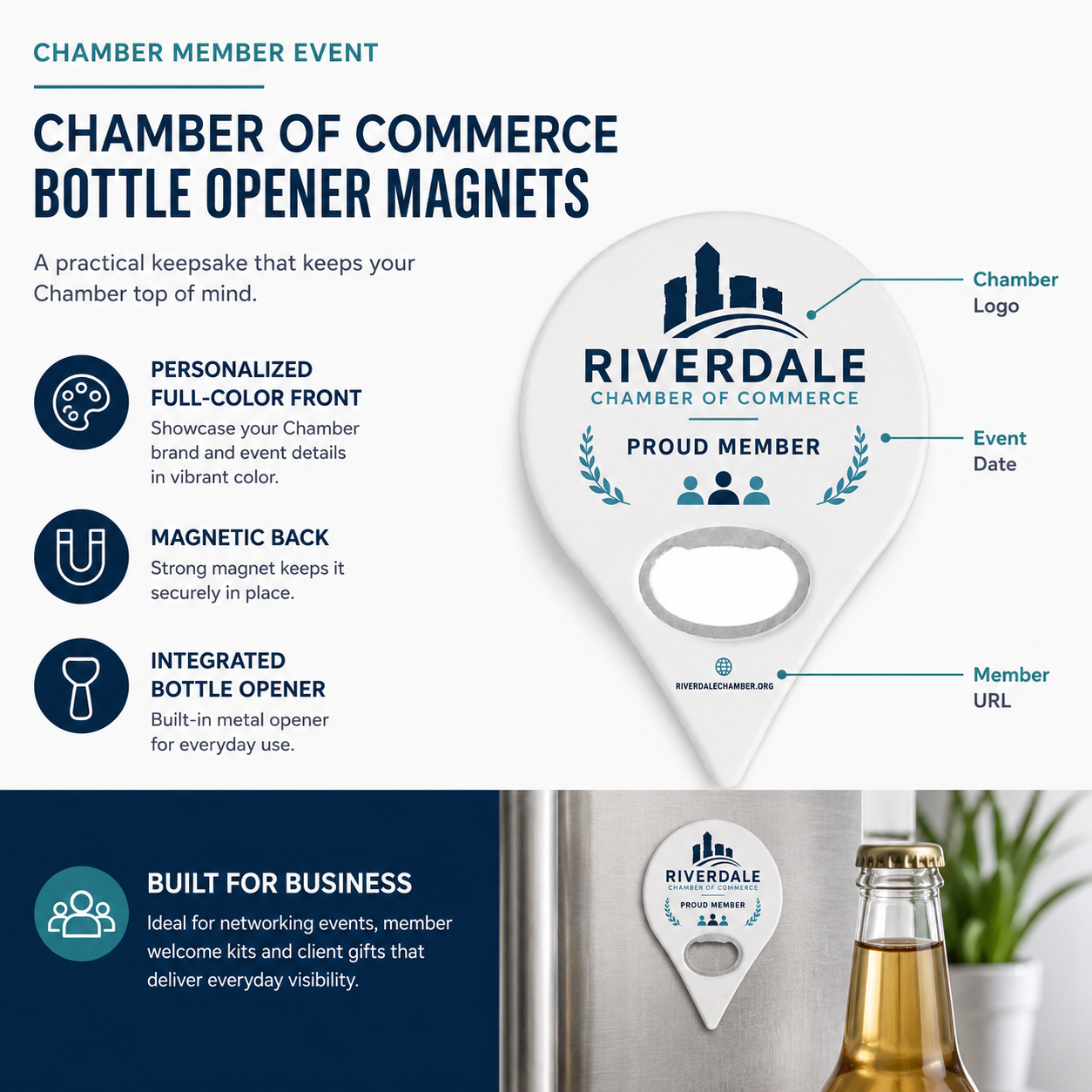 Chamber of Commerce Bottle Opener Magnets – product features infographic