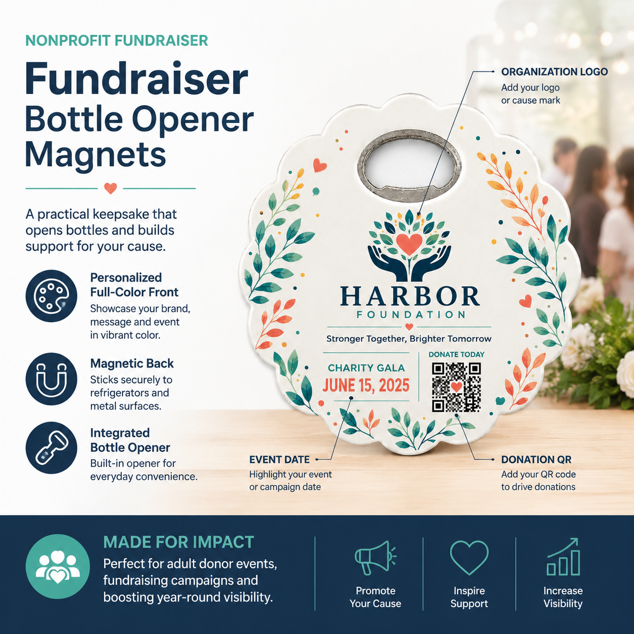 Fundraiser Bottle Opener Magnets – product features infographic