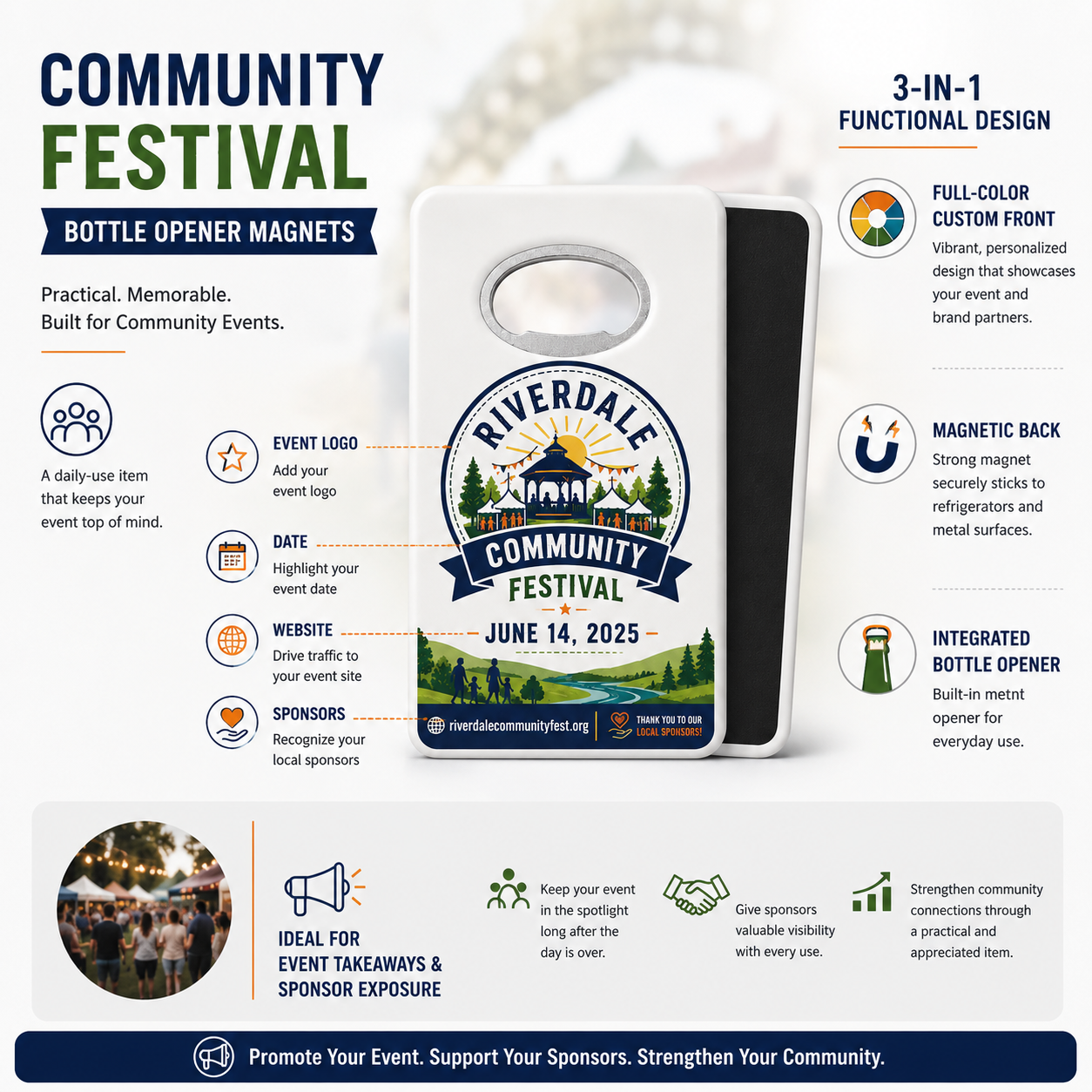 Community Festival Bottle Opener Magnets – product features infographic