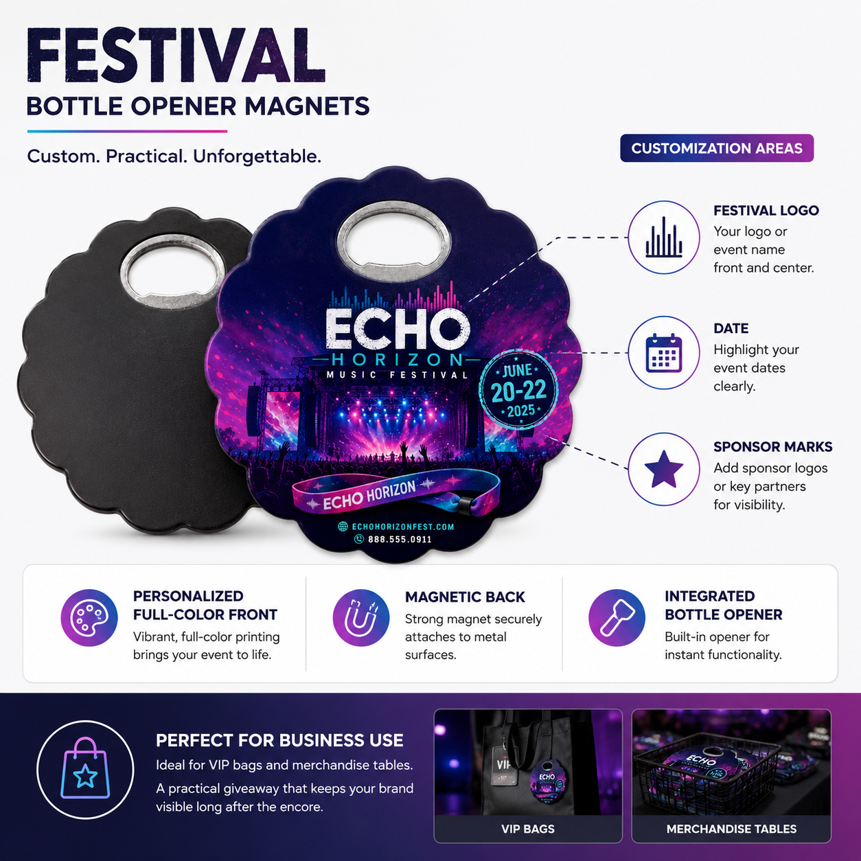 Festival Bottle Opener Magnets – product features infographic