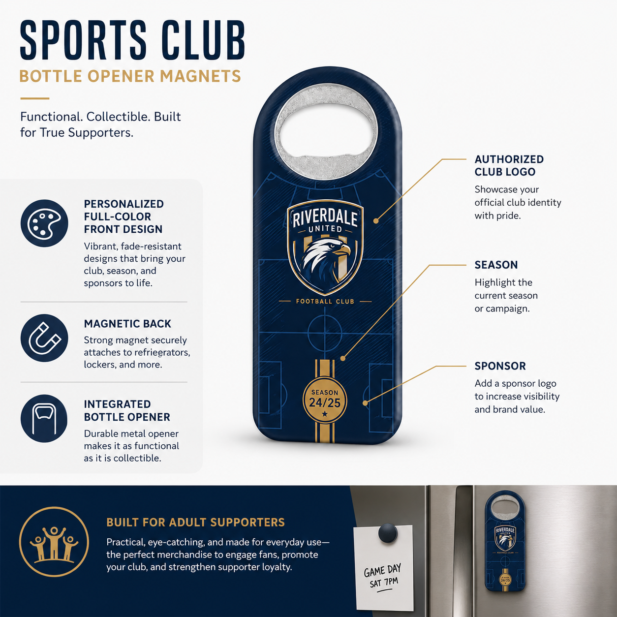Sports Club Bottle Opener Magnets – product features infographic