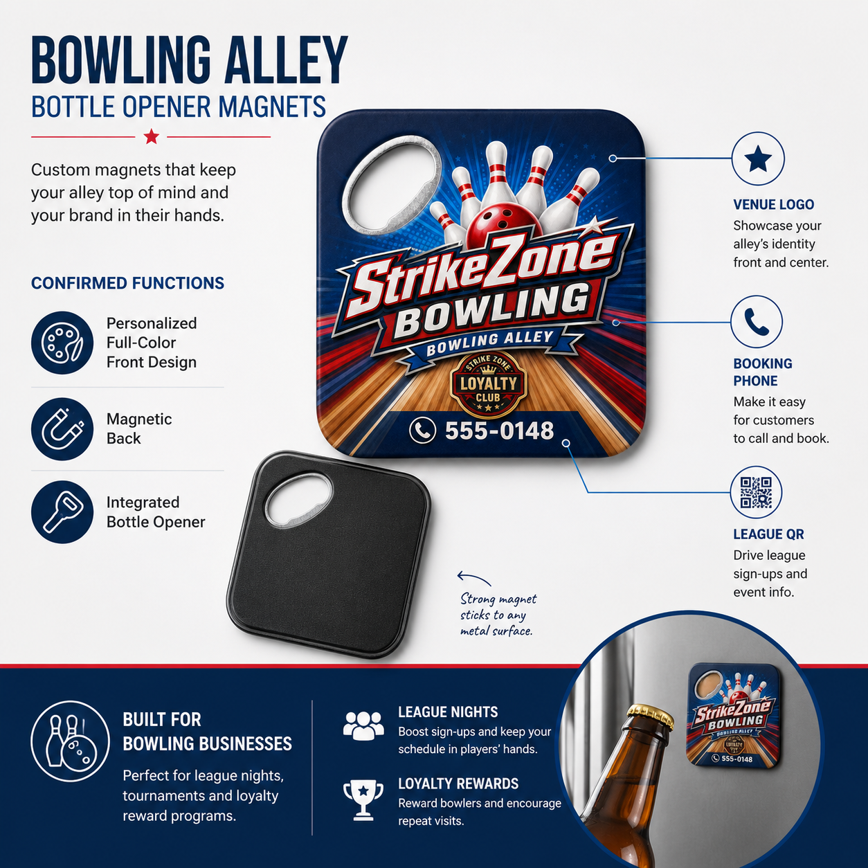 Bowling Alley Bottle Opener Magnets – product features infographic