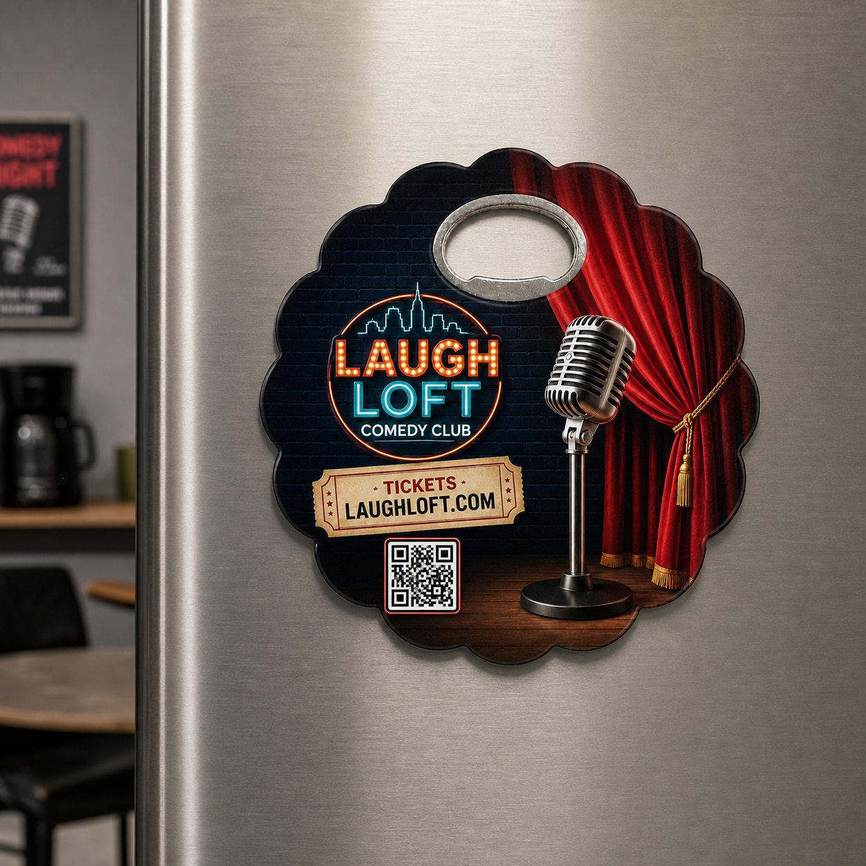Comedy Club Bottle Opener Magnets – magnetic use on a metal surface