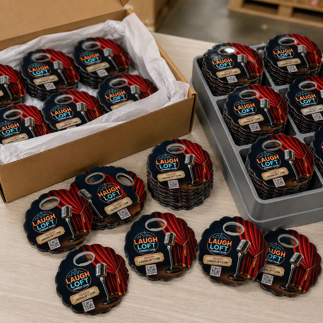 Comedy Club Bottle Opener Magnets – bulk order presentation