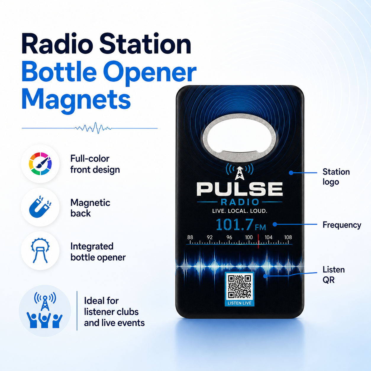 Radio Station Bottle Opener Magnets – product features infographic