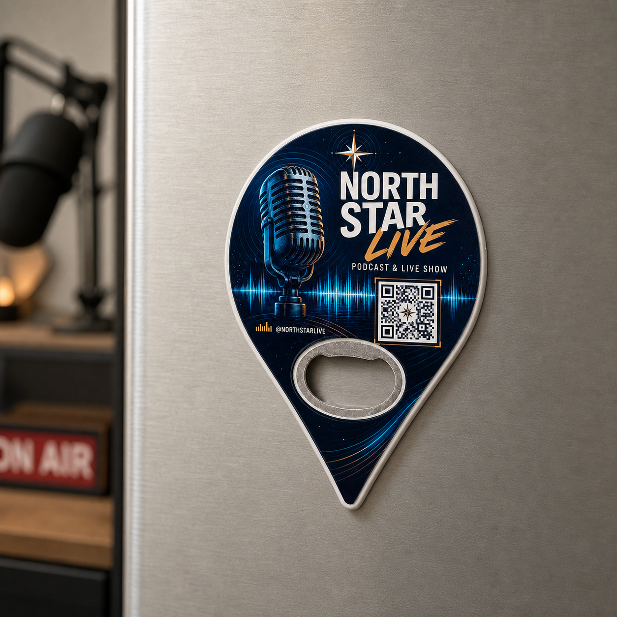 Podcast Bottle Opener Magnets – magnetic use on a metal surface