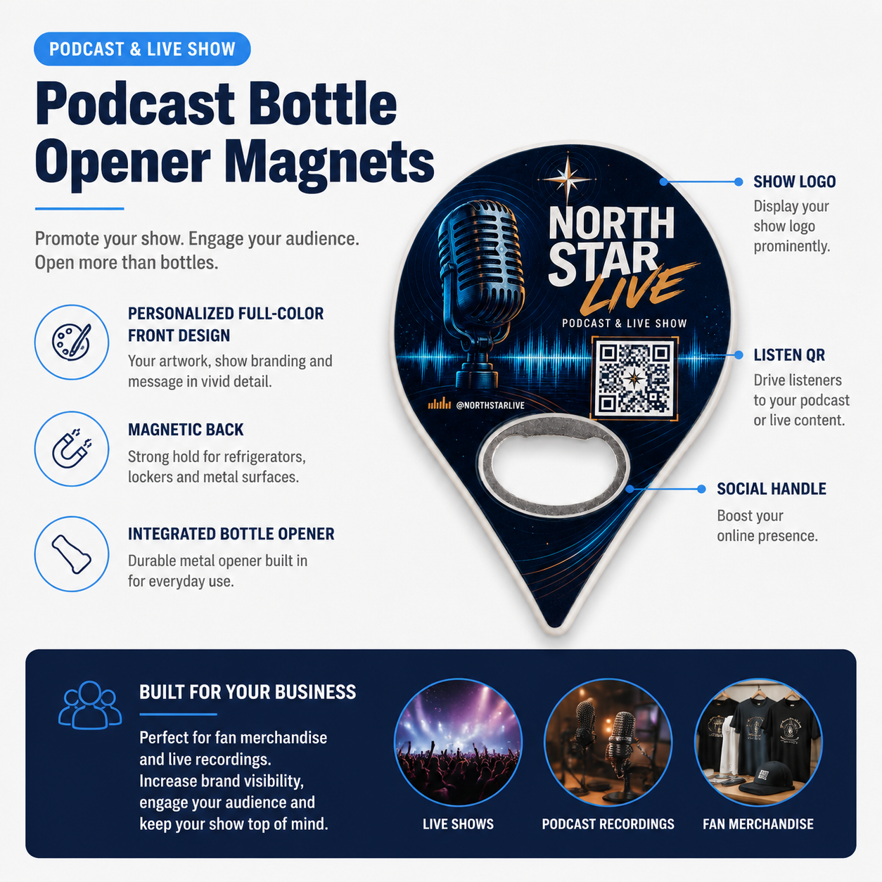 Podcast Bottle Opener Magnets – product features infographic