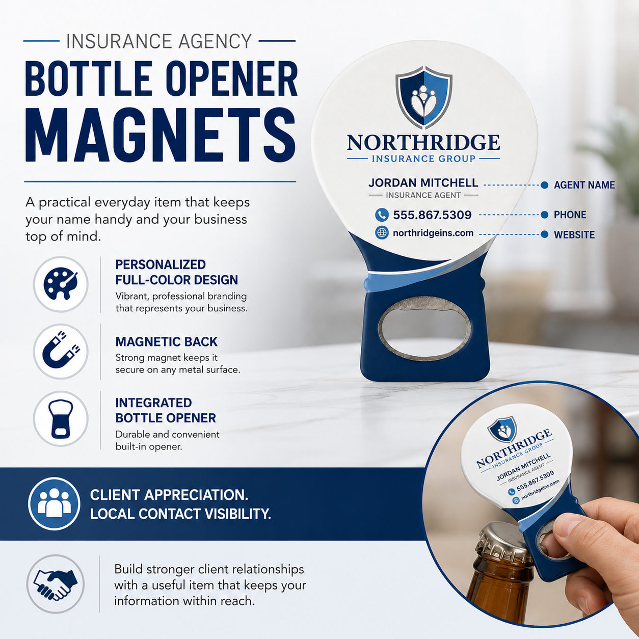 Insurance Agency Bottle Opener Magnets – product features infographic