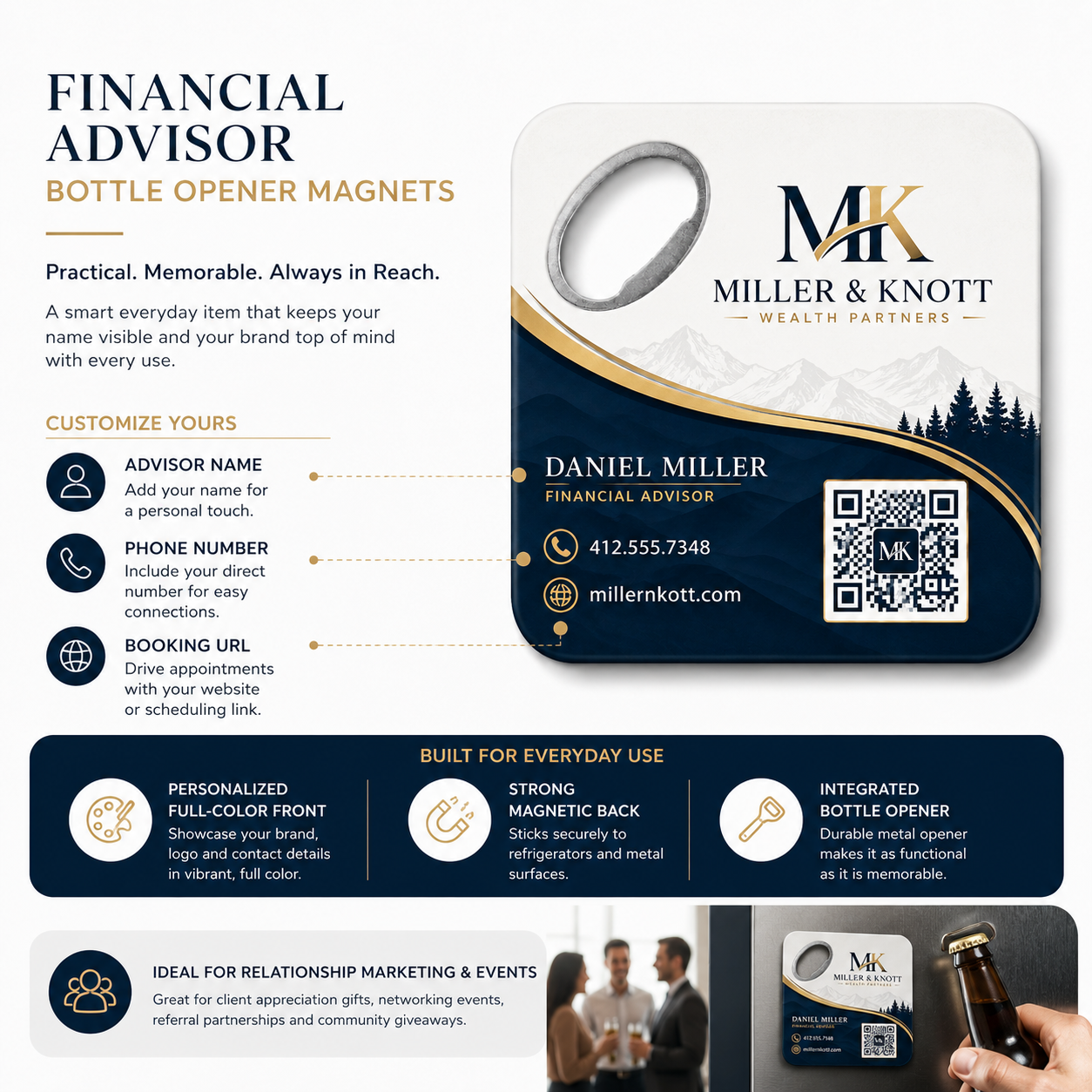 Financial Advisor Bottle Opener Magnets – product features infographic