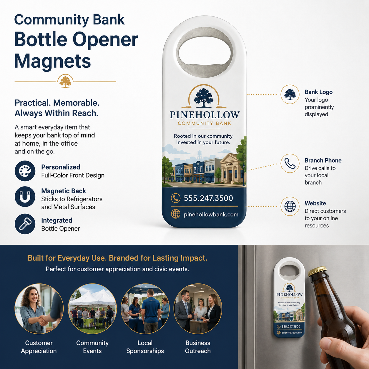 Community Bank Bottle Opener Magnets – product features infographic