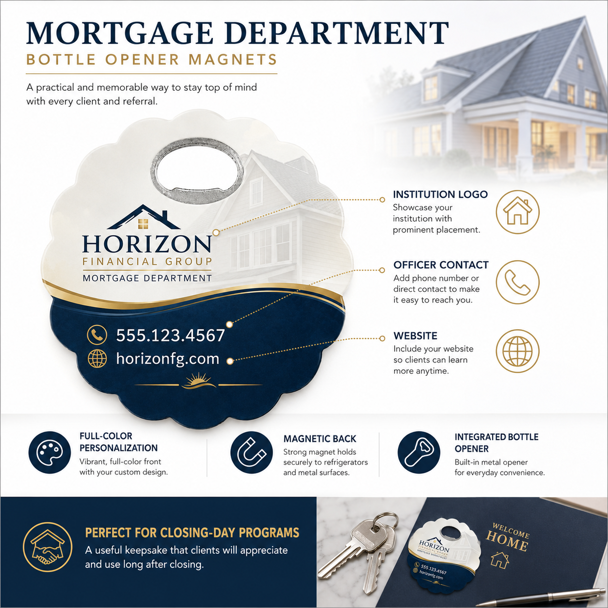 Mortgage Department Bottle Opener Magnets – product features infographic