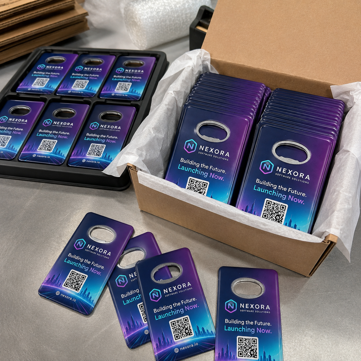 Tech Startup Bottle Opener Magnets – bulk order presentation