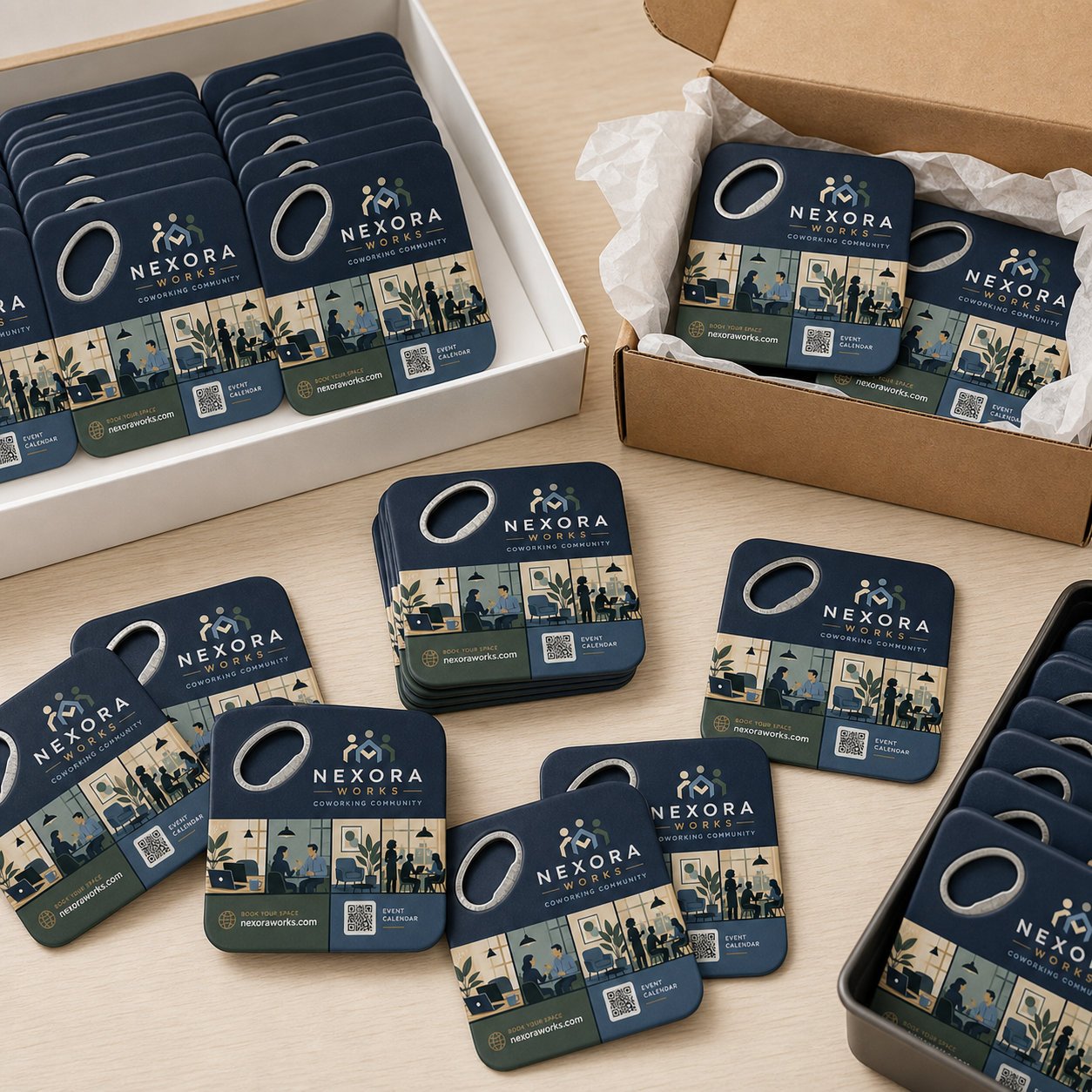 Coworking Space Bottle Opener Magnets – bulk order presentation