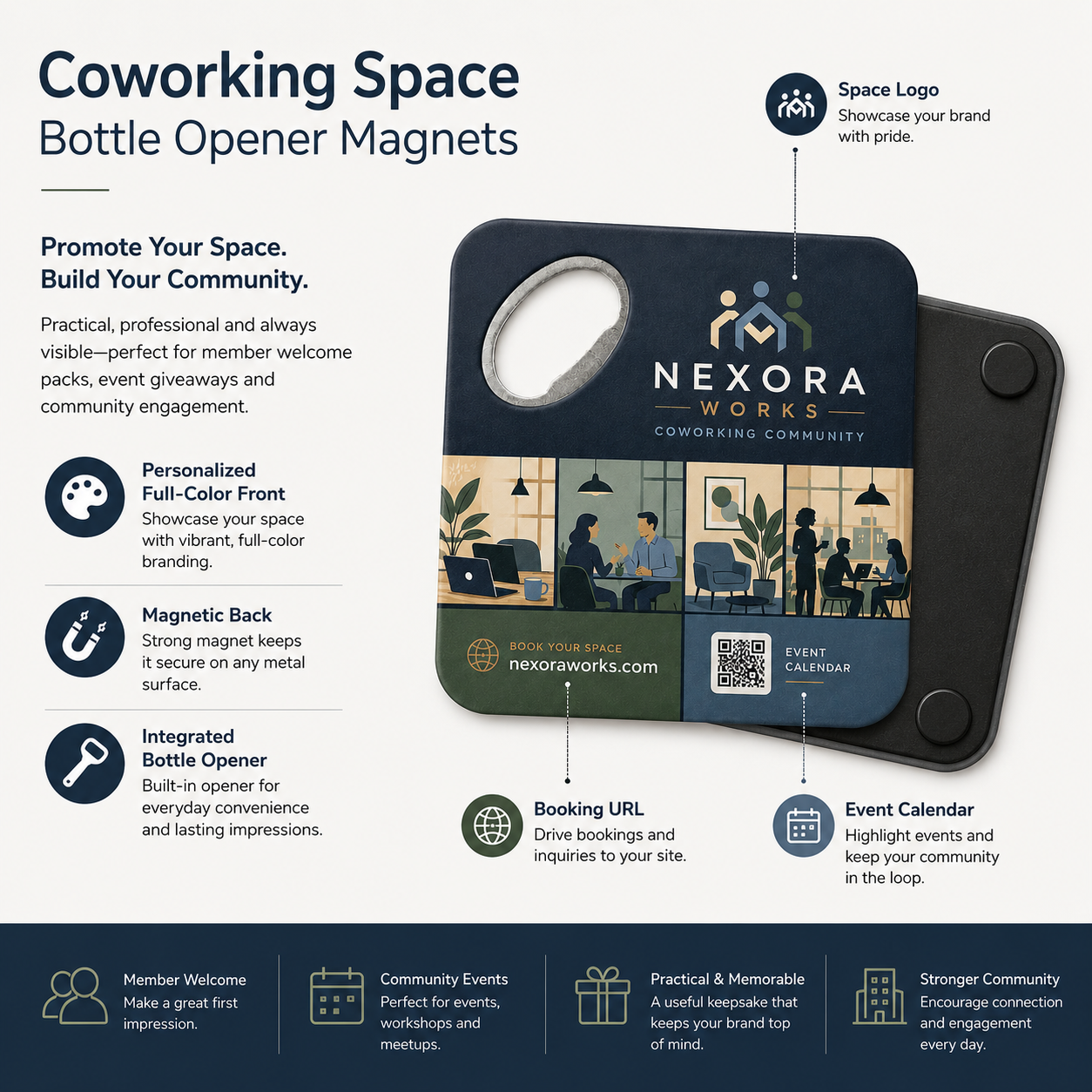 Coworking Space Bottle Opener Magnets – product features infographic