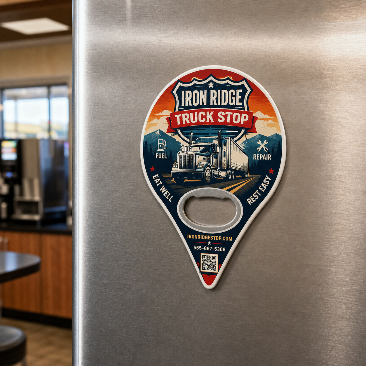 Truck Stop Bottle Opener Magnets – magnetic use on a metal surface