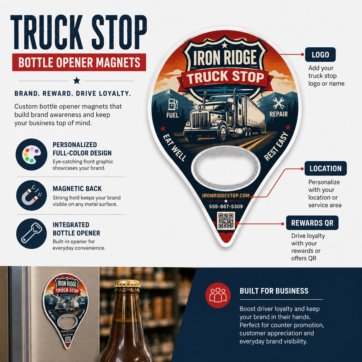 Truck Stop Bottle Opener Magnets – product features infographic