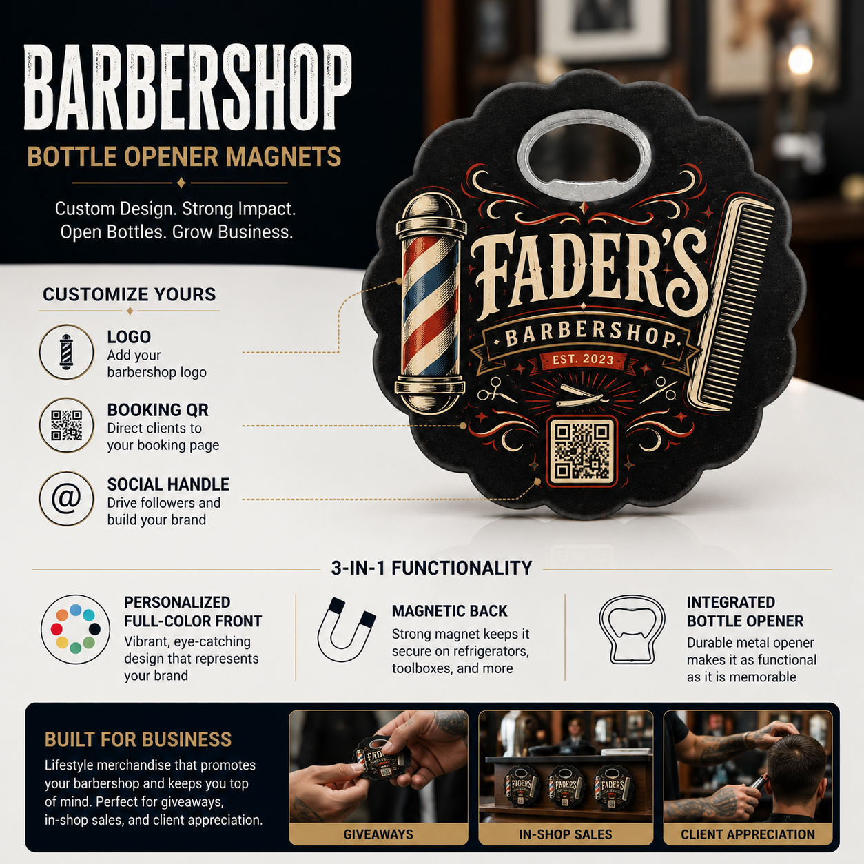 Barbershop Bottle Opener Magnets – product features infographic