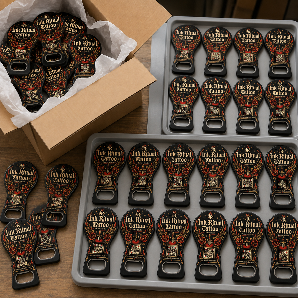 Tattoo Studio Bottle Opener Magnets – bulk order presentation